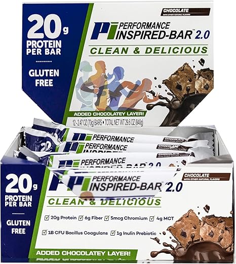 PERFORMANCE INSPIRED - Performance Inspired Nutrition – Barra de Proteína 2.0 – 20g Proteína – 6g Fibra – 4g MCTs – 1 Bilhão CFU Probióticos – 1g Prebióticos – Sem Glúten – Barra de 70g – Chocolate
