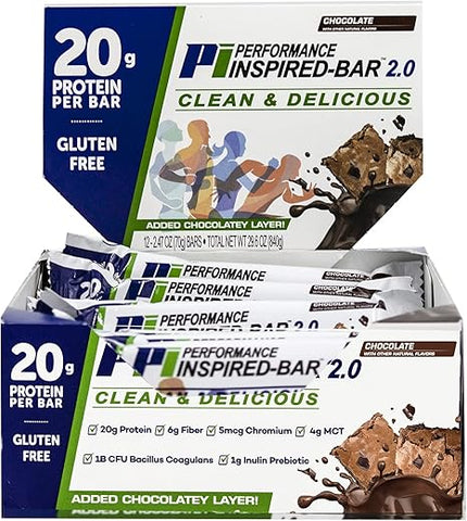 PERFORMANCE INSPIRED - Performance Inspired Nutrition – Barra de Proteína 2.0 – 20g Proteína – 6g Fibra – 4g MCTs – 1 Bilhão CFU Probióticos – 1g Prebióticos – Sem Glúten – Barra de 70g – Chocolate