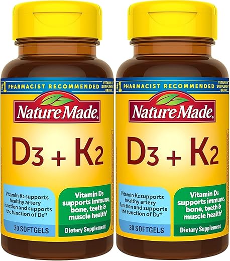Vitamina D3 K2, 5000 UI (125 mcg) Vitamina D, Suplemento Alimentar para Saúde Óssea, Dental, Muscular e Imunológica, 30 Softgels, 30 Dias de Fornecimento – Pacote com 2 - Nature Made