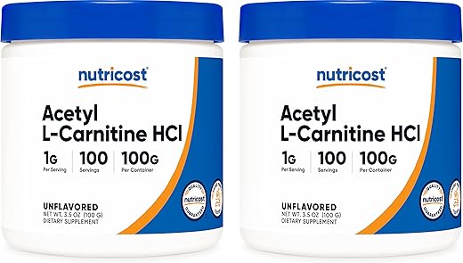 Acetyl L-Carnitine (ALCAR) 100g (2 Pacotes) – 100 Porções Cada – 1000mg Por Porção – Pó Puro de Acetil L-Carnitina – Livre de GMO e Glúten - Nutricost