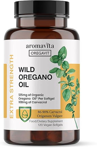 AROMAVITA - Oregavit Cápsulas de Óleo de Orégano Selvagem Grego | 86-90%% Carvacrol – 125mg Óleo de Orégano por Softgel – Imunidade