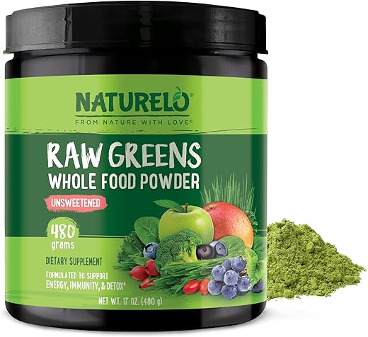 Raw Greens Superfood Powder – Energia, Desintoxicação, Saúde – Spirulina Orgânica – Grama de Trigo – Nutrição Completa de Frutas - NATURELO