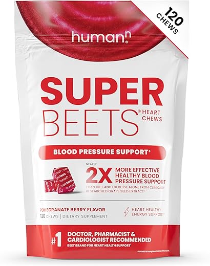 SuperBeets Heart Chews – Suporte para Pressão Arterial e Óxido Nítrico, Extrato de Semente de Uva – 60 g - humanN