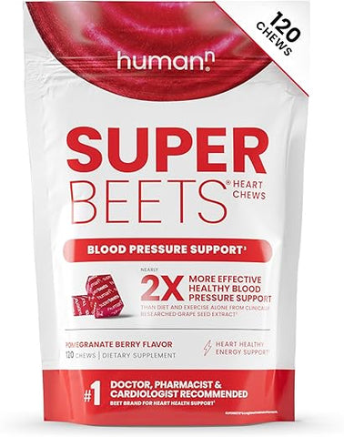 SuperBeets Heart Chews – Suporte para Pressão Arterial e Óxido Nítrico, Extrato de Semente de Uva – 60 g - humanN