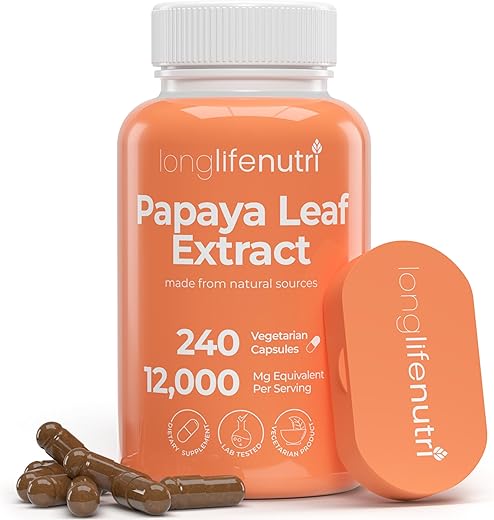 LongLifeNutri - Extrato de Folha de Mamão 10:1 12000mg – 240 Cápsulas Vegetarianas, 4 Meses de Fornecimento, da Carica Papaya para Produção de Plaquetas Sanguíneas
