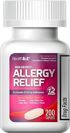 Fexofenadine Hydrochloride 60mg | Antialérgico de 12 horas para alívio de alergias | Não causa sonolência (200 comprimidos) - HealthA2Z