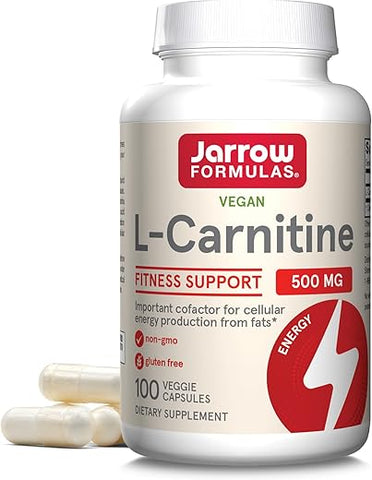 L-Carnitina 500 mg, Suplemento Alimentar, Suporte para Produção de Energia Celular, 100 Cápsulas Vegetais, Fornecimento de 100 Dias - Jarrow Formulas