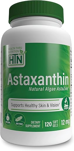 Health Thru Nutrition - Astaxantina Triplo Forte 12mg 120 Softgels | AstaZine de Algas Cultivadas Organicamente em Água Pura do Himalaia | Suporte para Pele e Visão | Não-OGM | Saúde Através da Nutrição