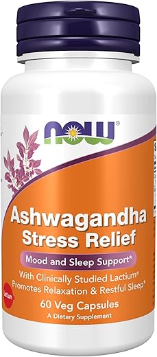 Suplementos, Alívio do Estresse com Ashwagandha, Suporte para Humor e Sono*, com Lactium® Clinicamente Estudado, Promove Relaxamento e Sono Repousante*, 60 Cápsulas Vegetais - NOW Foods