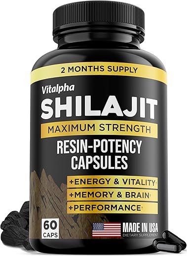 VITALPHA - Shilajit Resina Natural – Cápsulas Potentes (50% Ácido Fúlvico) – Shilajit Puro do Himalaia Orgânico Feito nos EUA – 85 Minerais Traços Shilajit para Homens – Suplemento Puro de Shilajit – 60