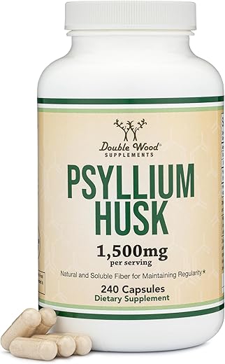 Cápsulas de Psyllium Husk – Suplemento de Fibra (240 Unidades, 1.500mg por Porção) Fibra Solúvel para Manter a Regularidade (Não-OGM) - Double Wood Supplements