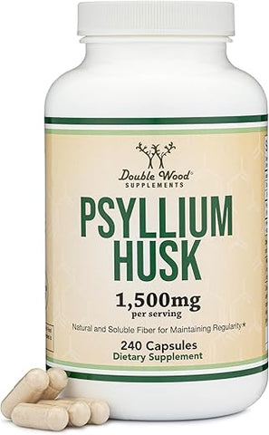 Cápsulas de Psyllium Husk – Suplemento de Fibra (240 Unidades, 1.500mg por Porção) Fibra Solúvel para Manter a Regularidade (Não-OGM) - Double Wood Supplements