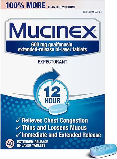 12 Horas 600 mg Guaifenesina Comprimidos de Liberação Prolongada para Alívio do Muco Excessivo, Auxilia na Remoção do Muco Excessivo, Alívio da Congestão Torácica, 40 Comprimidos Bi-Camada - Mucinex