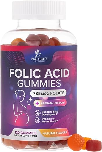 Nature's Nutrition - Gomas de Ácido Fólico para Mulheres 785 mcg, Vitaminas Essenciais Pré-Natais para Mamãe | Marca: Folic Acid Gummies