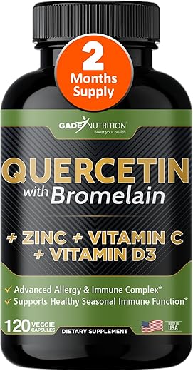 GADE NUTRITION BOOST YOUR HEALTH - Quercetina com Vitamina C e Zinco – 500mg de Quercetina – Quercetina com Bromelina – Zinco Quercetina – 120 Cápsulas Vegetarianas. Suplemento de Quercetina com Vitamina D3 (Sem OGM, Sem Glúten)