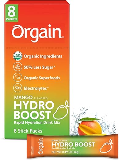 Pacotes de Hidratação Orgânica, Pó de Eletrólitos – Mango Hydro Boost com Superfoods, Vegano, Sem Glúten, Sem Ingredientes de Soja, Não-OGM, Menos Açúcar que Bebidas Esportivas, 8 Unidades - Orgain
