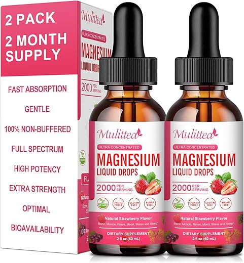 Mulittea - (2 Pacotes) Magnésio Glicinato Líquido, 1000mg com Alta Potência de Magnésio Glicinato 500mg, Citrato 500mg, Sem Açúcar, Vegano, Complexo Suplementar Não-OGM Promove