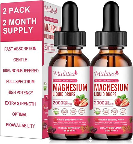 Mulittea - (2 Pacotes) Magnésio Glicinato Líquido, 1000mg com Alta Potência de Magnésio Glicinato 500mg, Citrato 500mg, Sem Açúcar, Vegano, Complexo Suplementar Não-OGM Promove