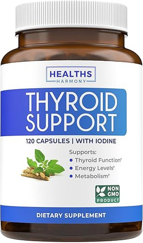 Healths Harmony - Thyroid Support with Iodine – 120 Cápsulas (Non-GMO) Aumente sua Energia – Raiz de Ashwagandha, Zinco, Selênio, Complexo de Vitamina B12 – Suplemento para Saúde da Tireoide para Mulheres e