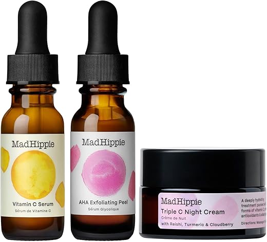 Kit Mad Hippie para Clareamento da Pele: Rotina Diária de Cuidados com Creme Noturno Triple C, Peeling Esfoliante AHA e Sérum de Vitamina C – 100% Natural e Eficaz