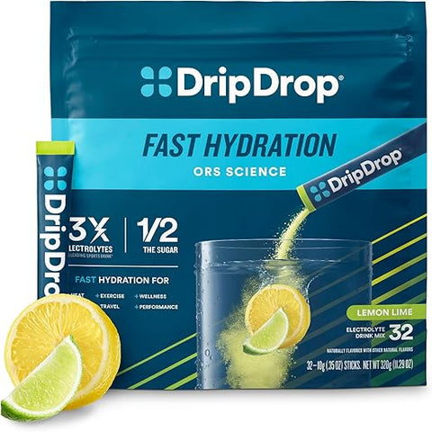 Hydration – Limão Lima – Mistura de Bebida Eletrolítica em Pó para Hidratação Individual | Sem OGM, Sem Glúten, Vegano | 32 Sticks - DripDrop
