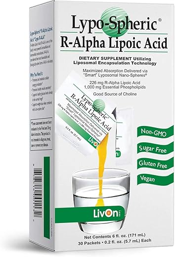 Lypo-Spheric Ácido Alfa Lipóico R-Alpha – 30 Pacotes – 226mg Por Pacote – Encapsulado em Lipossomas para Máxima Bioacessibilidade – 100%% Não-OGM - LivOn Laboratories