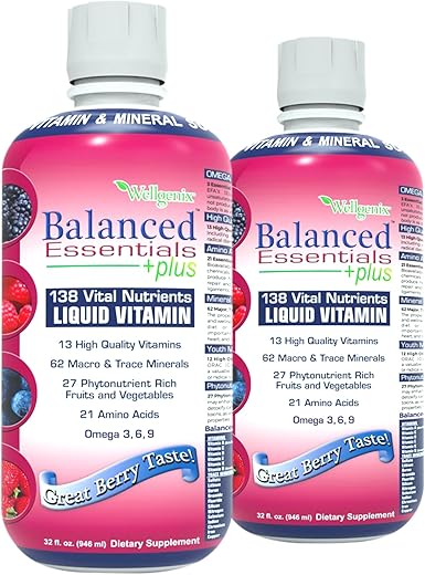 Wellgenix - Balanced Essentials 2 Pack – Suplemento Nutricional Líquido Natural de Vitaminas 32 Ounces Very Berry S-BE32