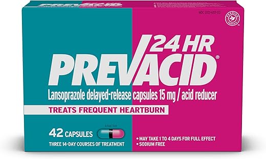 24HR – Cápsulas de Lansoprazol de Liberação Prolongada, 15 mg/Redutor de Ácido, Inibidor de Bomba de Prótons (PPI) para Alívio de Azia, 42 Unidades - Prevacid