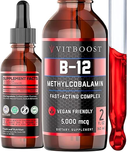 VITBOOST - Vegan Liquid B-12 Drops – 60 x 5000 mcg Extra Strength Sabor Framboesa Vitamina B12 Líquida Methylcobalamin Sublingual | Maximiza Absorção