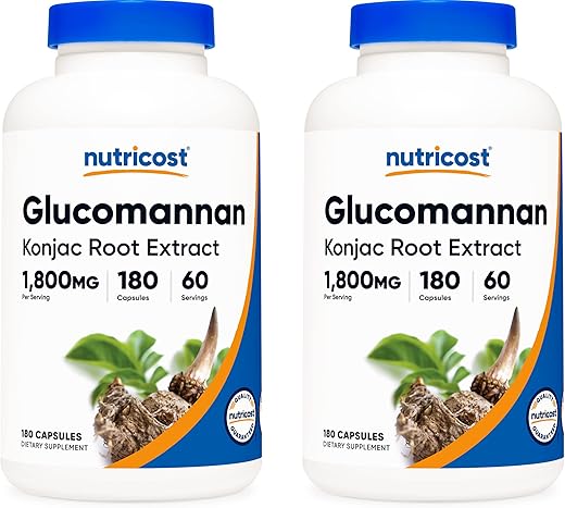 Glucomannan 1.800mg por Porção, 180 Cápsulas (2 Frascos) – Aumente a Visibilidade do Produto - Nutricost