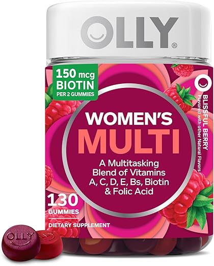Gummy Multivitamínico Feminino, Vitaminas A, D, C, E, Biotina, Ácido Fólico, Vitamina Mastigável para Adultos, Sabor de Frutas Vermelhas, Suprimento de 65 Dias – 130 Unidades - OLLY