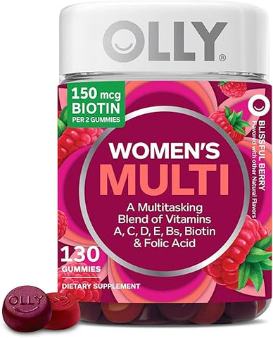 Gummy Multivitamínico Feminino, Vitaminas A, D, C, E, Biotina, Ácido Fólico, Vitamina Mastigável para Adultos, Sabor de Frutas Vermelhas, Suprimento de 65 Dias – 130 Unidades - OLLY