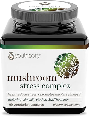 Mushroom Stress Complex – Cogumelo Orgânico de Espectro Completo com L-Teanina, Reduz o Estresse e Promove Calma Mental, 60 Cápsulas Vegetarianas - Youtheory