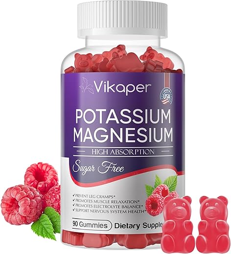 VIKAPER - Gomas de Potássio Magnésio 500mg para Adultos e Crianças Sem Açúcar, Alta Absorção de Magnésio Glicinato, Suporta Cãibras nas Pernas, Saúde Muscular e Cardíaca, Gomas de Magnésio Sem OGM