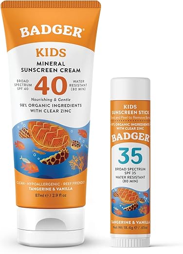 Combo Protetor Solar Infantil Mineral, Creme FPS 40 e Stick Facial FPS 35, Amplo Espectro Resistente à Água com Óxido de Zinco, Tangerina e Baunilha, 100% Seguro para os Recifes - Badger