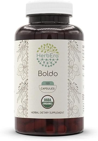 HerbEra - Boldo Orgânico USDA 120 Cápsulas | Suplemento Herbal Natural | Cápsulas Vegetarianas Certificadas Orgânicas e Folha Seca de Boldo Orgânico (Peumus boldus) (120 Cápsulas)
