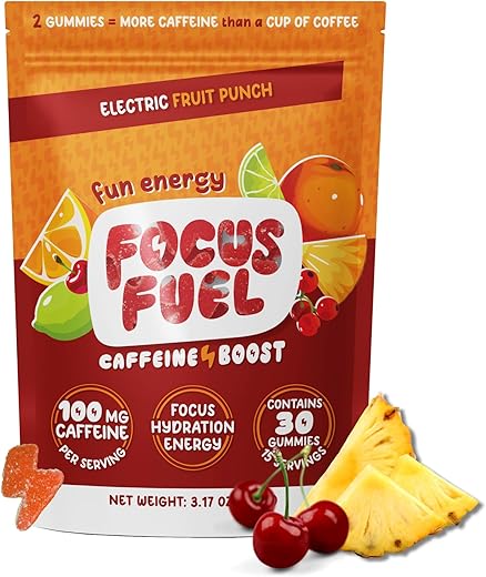 FocusFuel - Focus Energy Gummies – Chews Energéticos, 100mg de Cafeína por 2 Gummies, Com B12, Magnésio, Eletrólitos, Ingredientes Naturais (Fruit Punch – 30 Chews, 90g)