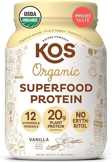 Proteína Vegana em Pó Sem Eritritol, Baunilha Orgânica USDA – Mistura de Proteína de Ervilha, Superfood à Base de Plantas Rico em Vitaminas - KOS