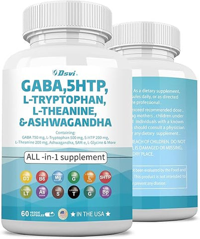 DSVI - 60 Cápsulas GABA 750mg 5 HTP 200mg L Triptofano 500mg L Teanina 200mg Ashwagandha 3000mg SAM-e L-Glicina Vitaminas de Suporte ao Humor para Mulheres e Homens com L-Tirosina Fabricado nos EUA