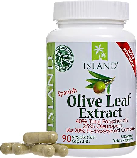 Island Nutrition - Extrato de Folha de Oliveira em Cápsulas – 25%% Oleuropeína (40%% Polifenóis Totais), Mais Complexo de 20%% de Hidroxitirosol – 100%% Cultivado
