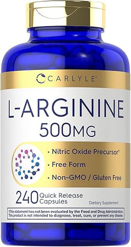 L-Arginina 500mg Cápsulas | 240 Unidades | Livre de Transgênicos | Forma Livre - Carlyle