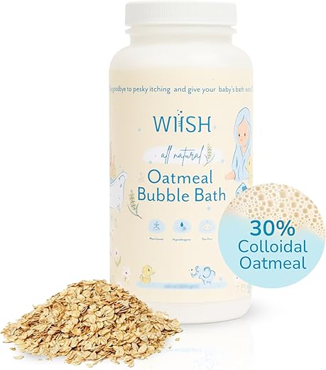 WIISH - Banho de Aveia para Bebês – Banho de Espuma para Pele Sensível com 30% de Aveia Coloidal | Extrato de Aloe Vera em Pó, Ingrediente Cicatrizante, Alivia Coceiras, Irritações e Ressecamento 16 oz (473 ml)