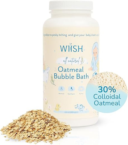 WIISH - Banho de Aveia para Bebês – Banho de Espuma para Pele Sensível com 30% de Aveia Coloidal | Extrato de Aloe Vera em Pó, Ingrediente Cicatrizante, Alivia Coceiras, Irritações e Ressecamento 16 oz (473 ml)