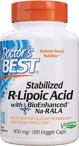 Doctor's BEST - Doctor’s Best R-Lipoic Acid com BioEnhanced Na-RALA, Suporte ao Metabolismo da Glicose e Produção de Energia* Não-OGM, Sem Glúten, Vegano, 100 mg, 180 Comprimidos