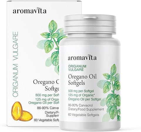 AROMAVITA - Óleo de Orégano Cápsulas – 86-90%% Carvacrol – Potente Suporte Digestivo – Antioxidante Natural – Vegano – 108mg de Carvacrol por Softgel – 60 cápsulas