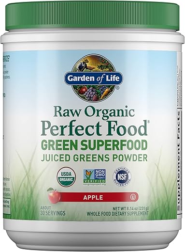 Raw Organic Perfect Food Green Superfood em Pó – Sabor Maçã, 30 Porções – Vegano Sem Glúten Suplemento Alimentar Integral, Mais Verdes - Garden of Life