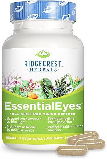 RidgeCrest Herbals - Ridgecrest Herbals EssentialEyes – Vitaminas Naturais para os Olhos, com Luteína, Zeaxantina e Extrato de Mirtilo, Suporte para a Saúde dos Olhos e Visão (120 Cápsulas Veganas, 30 Porções)