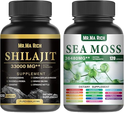 Mr.Ma Rich - Pacote de Cápsulas de Sea Moss e Shilajit, Ashwagandha Rhodiola Rosea Ginseng Cordyceps Mushroom Ginkgo Biloba Stinging Nettle Magic Moss Blendim Black Seed Turmeric Bladderwrack – 100% Natural e Potente