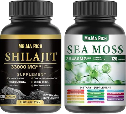 Mr.Ma Rich - Pacote de Cápsulas de Sea Moss e Shilajit, Ashwagandha Rhodiola Rosea Ginseng Cordyceps Mushroom Ginkgo Biloba Stinging Nettle Magic Moss Blendim Black Seed Turmeric Bladderwrack – 100% Natural e Potente