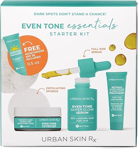 Kit Inicial Urban Skin Rx Even Tone Essentials | Regime Diário com 4 Produtos Principais Formulados para Limpar, Tonificar e Proteger para uma Pele Visivelmente Mais Brilhante e Uniforme